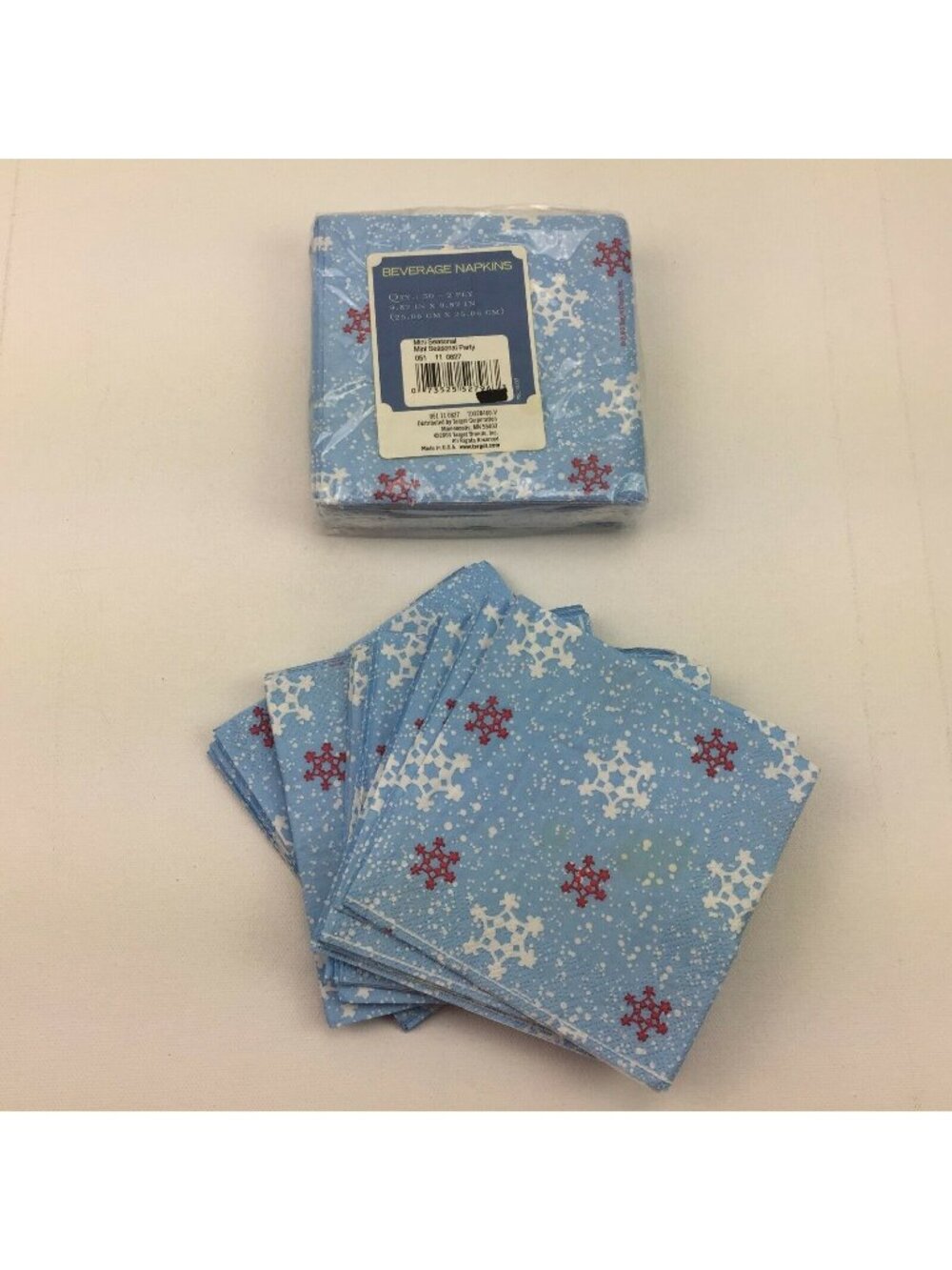 Beverage Napkins Mini Seasonal Party Blue Snowflakes Red White 60 Count